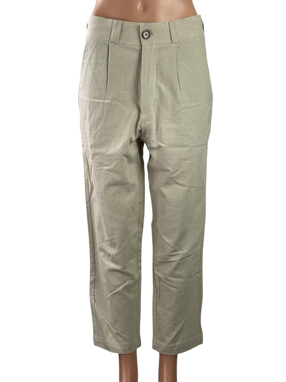 I Love Ugly Women's Beige Linen Khaki Pleated Wide Leg Trousers Pants Size S